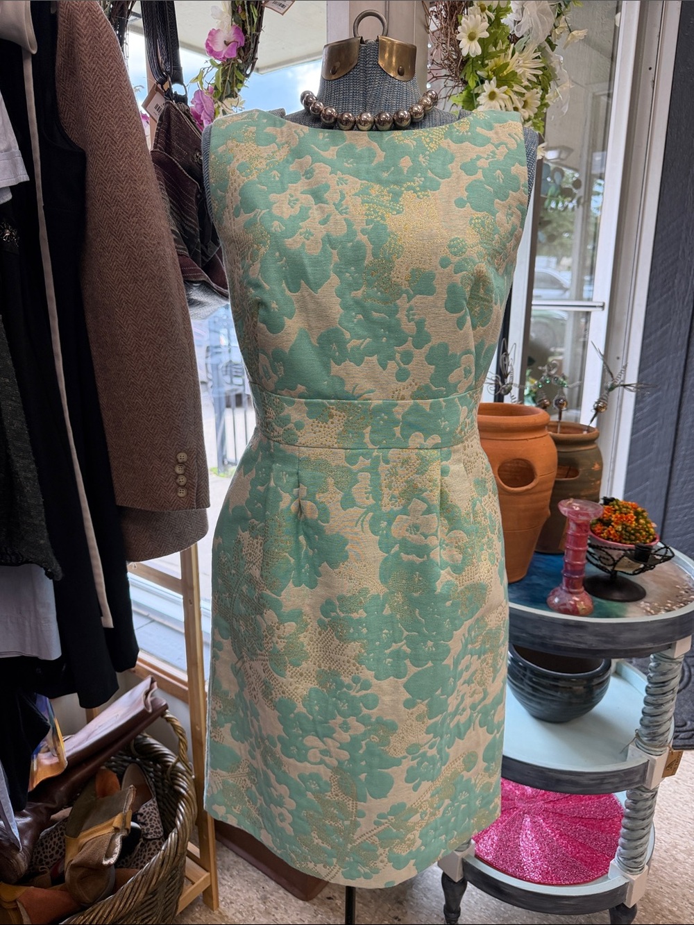 Tahari Mint and Cream Floral Jacquard Sheath Midi Dress